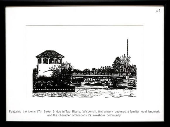 Framed print featuring original artwork of the 17th Street Bridge in Two Rivers Wisconsin by PK for FISHSTKS.