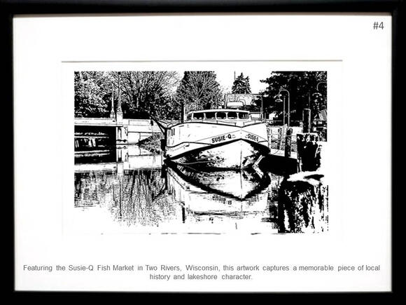 Framed print featuring original artwork of the Susie Q fishing vessel and Two Rivers Wisconsin commercial fishing tradition by PK for FISHSTKS.