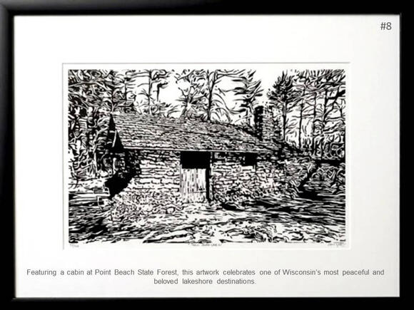 Framed print featuring original artwork of a cabin at Point Beach State Forest in Wisconsin by PK for FISHSTKS.