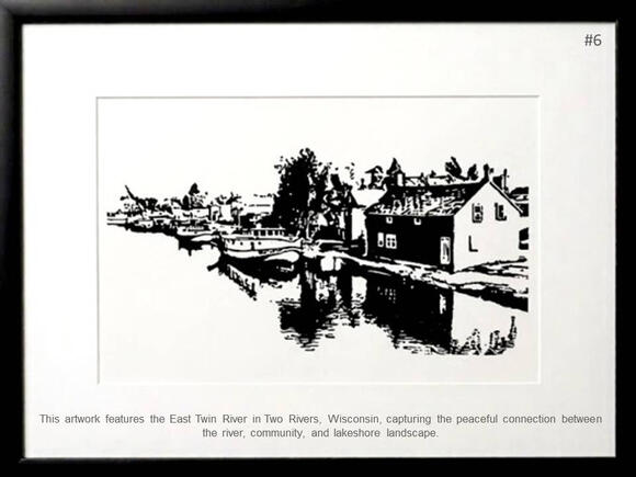 Framed print featuring original artwork of the East Twin River in Two Rivers Wisconsin by PK for FISHSTKS.
