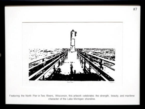 Framed print featuring original artwork of the North Pier in Two Rivers Wisconsin by PK for FISHSTKS.