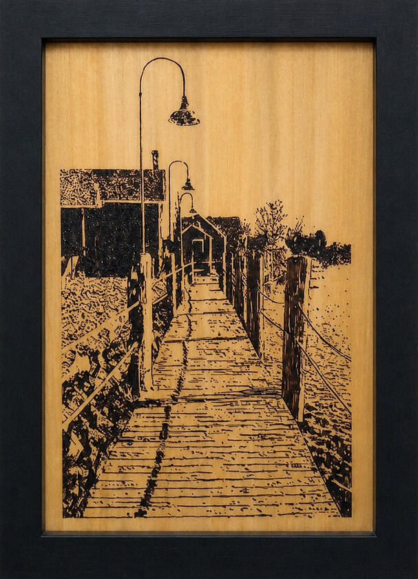 Vertical custom wood plaque by FISHSTKS.com featuring original artwork inspired by Wisconsin local history, landmarks, and Lake Michigan shoreline heritage.