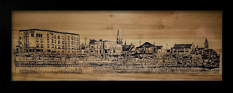 Custom wood plaque featuring the Two Rivers Wisconsin skyline, created from original artwork by FISHSTKS.com and inspired by local history and lakeshore heritage.