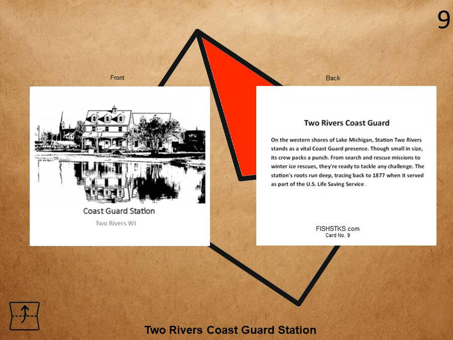 A greeting card honoring the Coast Guard and its role along Wisconsin's Lake Michigan shoreline. Greeting card featuring original Coast Guard artwork along Lake Michigan.