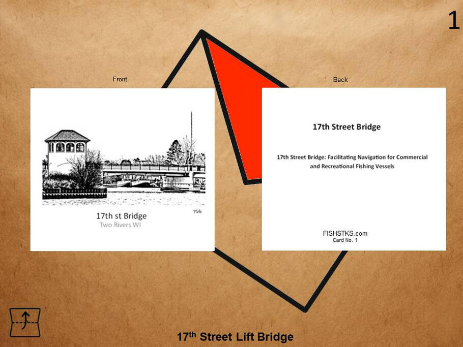 Featuring the iconic 17th Street Bridge in Two Rivers, Wisconsin, this greeting card captures a familiar local landmark and the character of Wisconsin's lakeshore community. Greeting card featuring original artwork of the 17th Street Bridge in Two Rivers Wisconsin.
