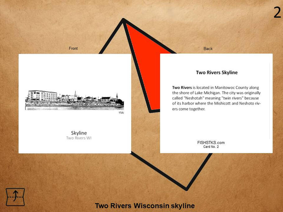 A beautiful greeting card showcasing the skyline of Two Rivers, Wisconsin, celebrating the charm and beauty of this Lake Michigan community. Greeting card featuring original artwork of the Two Rivers Wisconsin skyline.