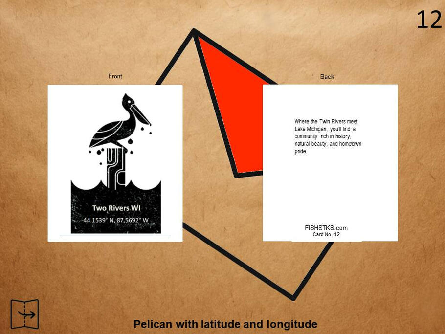 A distinctive pelican artwork featuring geographic coordinates, combining coastal wildlife and a sense of place into a unique greeting card design. Greeting card featuring a pelican with latitude and longitude coordinates.