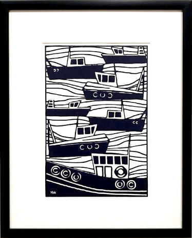 Original maritime artwork by Pk at FISHSTKS.com featuring stacked boats and nautical imagery inspired by Wisconsin Lake Michigan shoreline communities, harbors, fishing, and local maritime heritage.
