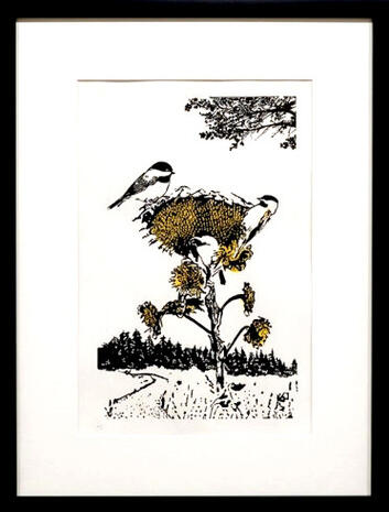 Original Wisconsin bird artwork by Pk at FISHSTKS.com featuring a chickadee-style songbird, inspired by Midwest wildlife, Lake Michigan shoreline nature, and local lakeshore scenery.
