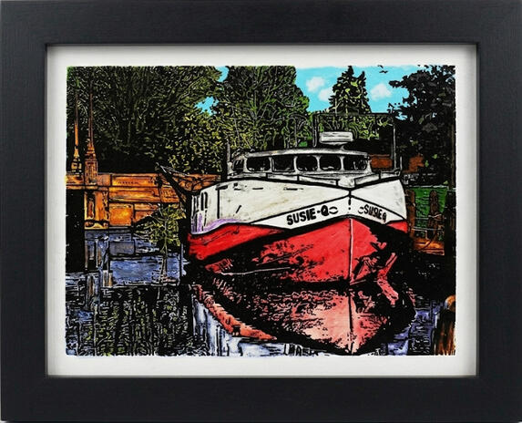 Suzie-Q moored at the Rogers Street Fishing Village: Watercolor on canvas Rogers Street Fishing Village Two Rivers WI