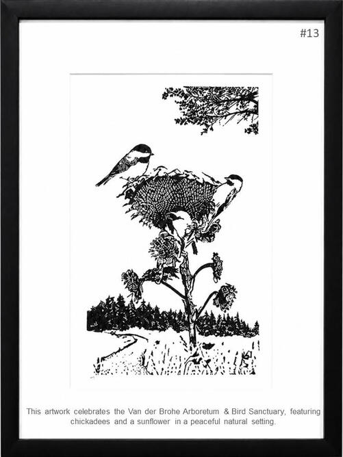 Framed print featuring chickadees and a sunflower inspired by Van der Brohe Arboretum and Bird Sanctuary by PK for FISHSTKS.