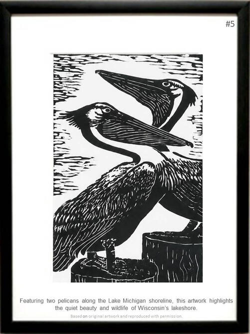 Framed print featuring two pelicans on a pier along the Wisconsin lakeshore, hand-carved and printed by PK for FISHSTKS.