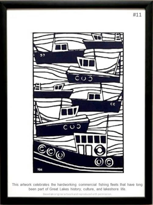Framed print featuring a commercial fishing fleet and Great Lakes maritime history, hand-carved and printed by PK for FISHSTKS.