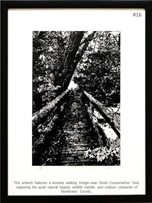 Framed print featuring a wooded walking bridge near Shoto Conservation Club in Manitowoc County Wisconsin by PK for FISHSTKS.