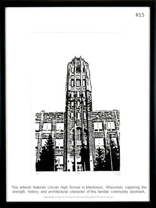 Framed print featuring Lincoln High School in Manitowoc Wisconsin, hand-carved and printed by PK for FISHSTKS.