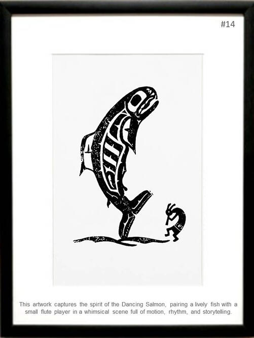 Framed print featuring Dancing Salmon artwork with a stylized salmon and small flute player, hand-carved and printed by PK for FISHSTKS.