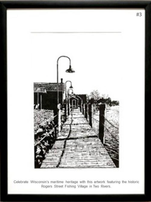 Framed print featuring original artwork of Rogers Street Fishing Village in Two Rivers Wisconsin by PK for FISHSTKS.